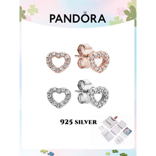 [ส่งจากกรุงเทพ]Pandora เงิน925 ต่างหู ตุ้มหู ต่างหูหนีบ Hollow heart-shaped stud earrings เครื่องประดับแฟชั่นสตรี ของแท้