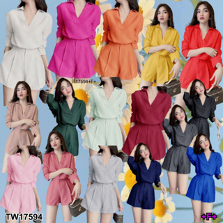 TwinsShopVip💗พร้อมส่ง TW17594 Set 2 ชิ้น เสื้อคอปกแขนยาว + กางเกงขาสั้น