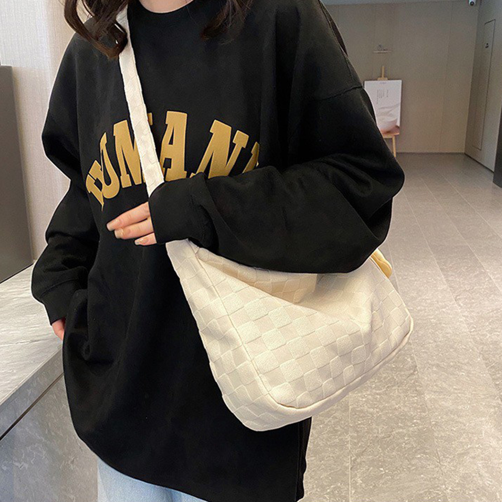SIAMBAGSHOP(S1843) กระเป๋าสะพายข้างผ้าฝ้ายสีพื้นลาย-เส้นตาราง สไตล์เกาหลี(ไม่มีที่ห้อยแถม)