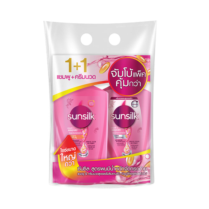 [แพ็คคู่สุดคุ้ม] ซันซิล แชมพู 475 มล + ครีมนวดสีชมพู สูตรผมมีน้ำหนัก 450 มล. SUNSILK SHAMPOO525ML.+CONDITIONER SMOOT
