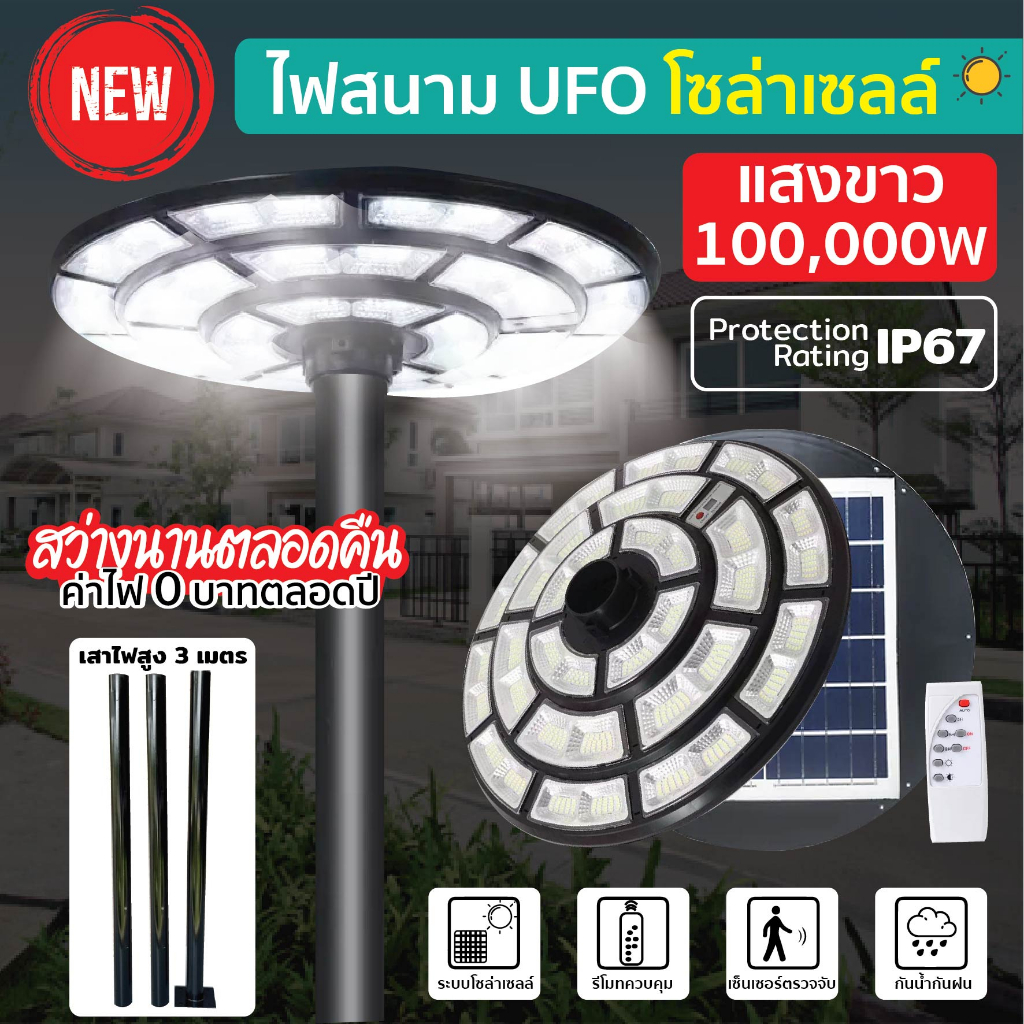 ไฟโซล่าเซลล์ UFO โซล่าเซลล์ โคมไฟถนน โคมไฟสนาม LED คุณภาพสูง แสงขาว กันน้ำ IP67 เสาไฟโซล่าเซลล์ เสาเหล็ก ตกแต่งบ้าน