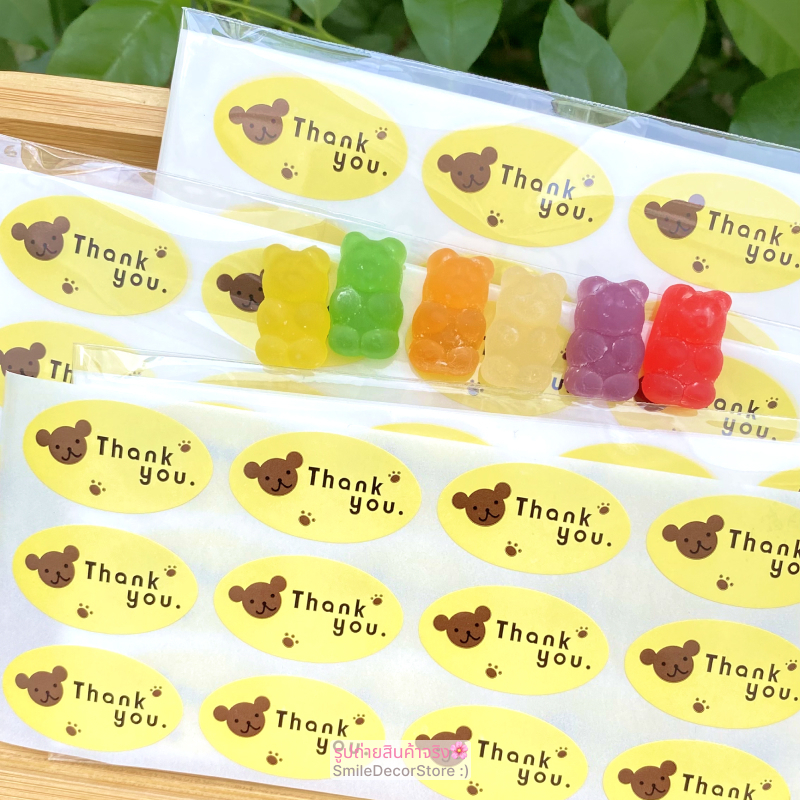 [พร้อมส่ง] สติ๊กเกอร์ Thank you. แพ็ก120 ชิ้น ไดคัทเป็นรูปวงรี พิมพ์ลายพี่หมี 🐻 และอุ้งเท้ากลม 🐾 ราคาคุ้มสุด
