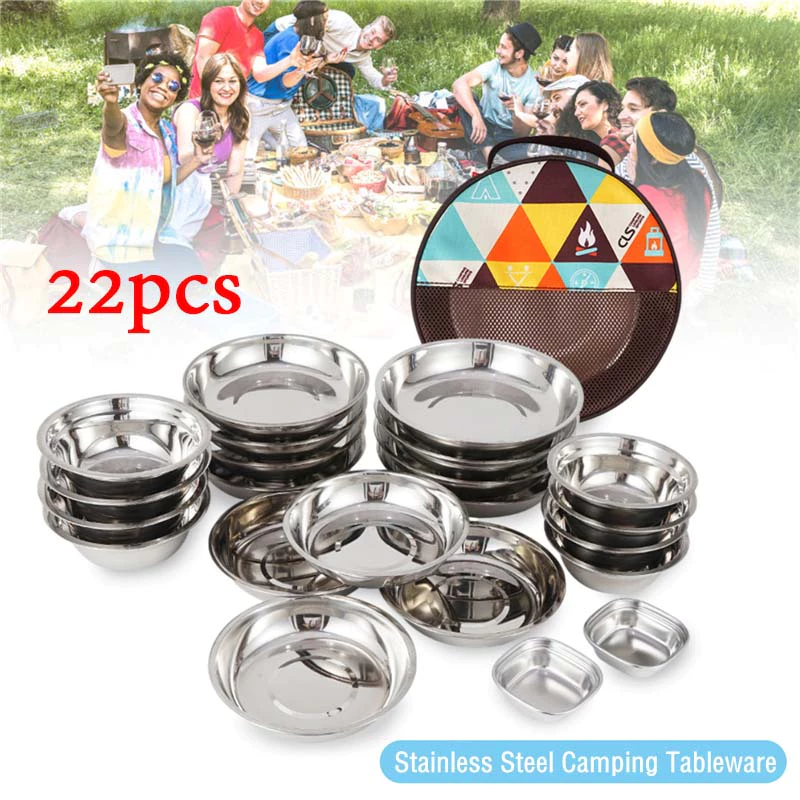 22pcs ชุดถ้วยชาม สแตนเลส อุปกรณ์แคมป์ปิ้ง ปิคนิค เซ็ท 22 ชิ้น พร้อมกระเป๋าจัดเก็บ