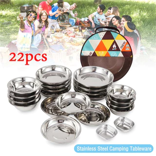 22pcs ชุดถ้วยชาม สแตนเลส อุปกรณ์แคมป์ปิ้ง ปิคนิค เซ็ท 22 ชิ้น พร้อมกระเป๋าจัดเก็บ