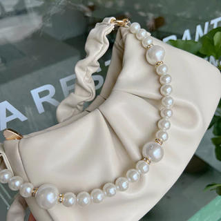 กระเป๋าสะพายไหล่ แต่งจับจีบ ประดับไข่มุก สีขาว สไตล์เกาหลี สําหรับผู้หญิง