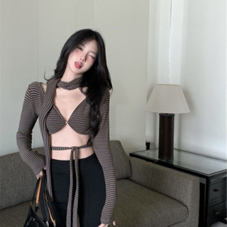 เสื้อครอป เสื้อเชิ้ตสายรัดลายเส้นยาว -ผู้หญิงชั้นบนสุด T -shirt สไตล์ y2k Women MSS421