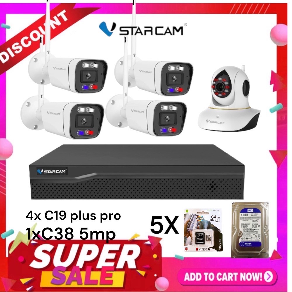 ชุดกล้อง VSTARCAM C19S Plus WIFI 5G 3ล้าน 4 ตัวและกล้อง C38 5 MP พร้อมฮาร์ดดิส 1.0 TB และเมมโมรี่ 64GB 5 อัน