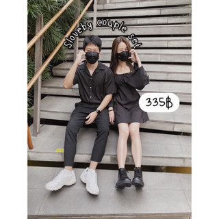 Sloveby couple set ชุดคู่รักเนื้อผ้าไหมอิตาลีใส่สบาย ผู้หญิง มินิเดรสแขนบอลลูนแต่งโบว์เล็กๆที่แขน ด้านหลังสมอคยางยืด