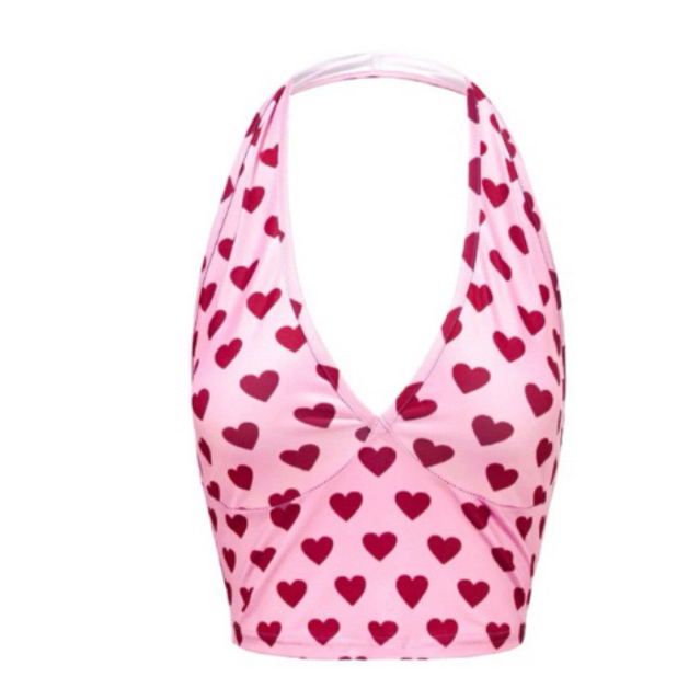 เสื้อครอปคล้องคอY2K -BAbie pink คล้องคอ 90s พิมพ์ลายหัวใจเต็ม