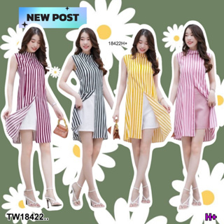 TwinsShopVip💗พร้อมส่ง TW18422 set 2 ชิ้น เสื้อแขนกุดลายทาง ผ่าหน้า + กางเกงขาสั้น ..