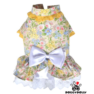 Pet clothes -Doggydolly  เสื้อผ้าแฟชั่น น้องหมาน้องแมว  สัตว์เลี้ยง ชุดกระโปรง ลายดอกสีเหลือง โบว์ขาว  AD71 ขนาด1-9โล