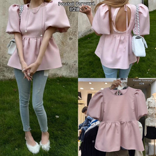 🇰🇷NEW🇰🇷 Korea balloon sleeve blouse เสื้อแขนบอลลูนพองน่ารักผ้าลาย มีtextureในตัว ทรงชายบานดีเทลด้านหลังเว้ากลมผูกหลังคอ