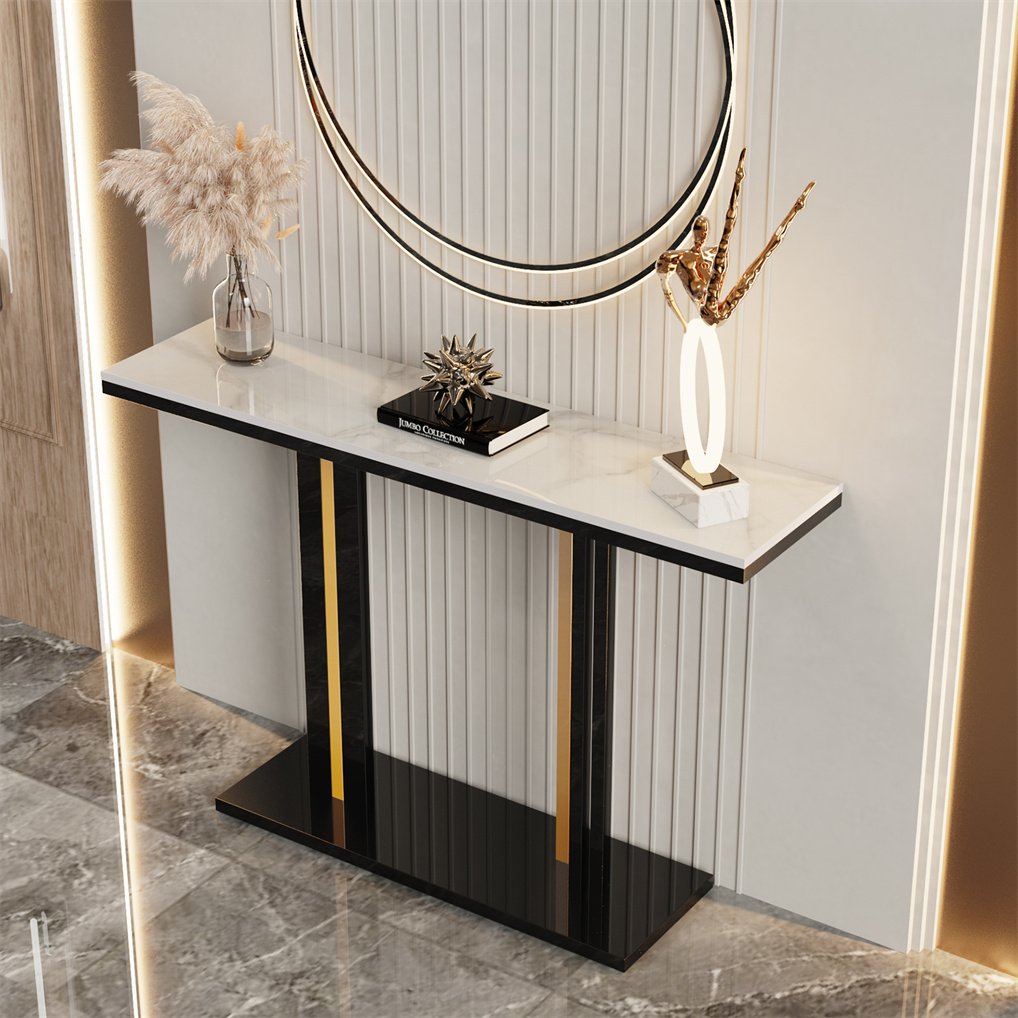 WISFOR โต๊ะคอนโซลลายหินอ่อนขาแต่งลาย Luxury Marble Console Table Narrow Long Sofa Table Hallway Entryway table