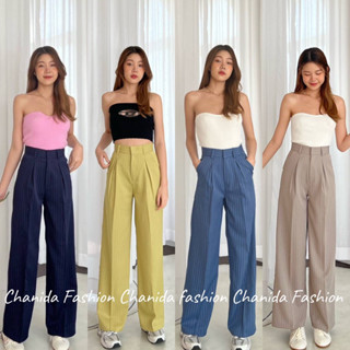 LISA Pants กางเกงขายาวผ้าริ้ว นาโน ตะขอหน้า งานป้าย แต่งที่ใส่เข็มขัด