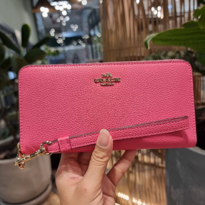 ส่งฟรี💥 กระเป๋าสตางค์ Coach แท้💯 ใบยาว สีชมพู สดใส ผู้หญิง กระเป๋าเงิน คล้องมือ