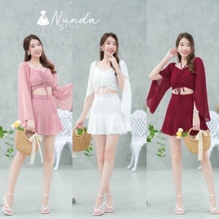 Set เสื้อรูดหน้า แขนปล่อย กระโปรงกางเกงซับใน