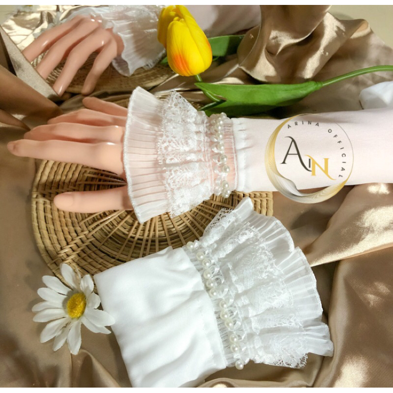 ปลอกแขนรุ่นลูกไม้+อัดพลีส+มุกปัก (Handsock) ยาวเลยข้อศอก
