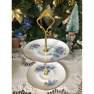 Crown Staffordshire England Cake Stand ชั้นวางขนมลาย Bouquet ดอกไม้สีฟ้าสวยมาก สำหรับ Afternoon Tea