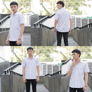 เสื้อนักศึกษาแขนสั้นผู้ชาย ขาวนวล-ขาวสว่าง [ผ้าไมโคร/ผ้าคอมทวิว/ผ้าดิบ] เสื้อนักศึกษาชาย มีถึงอก36-56