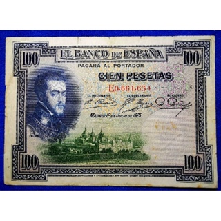 แบงก์​เก่าสเปน​ Spain, 100 Pesetas, (ยุค​King Alfonso​ที่​13), B835T, ใช้แล้ว