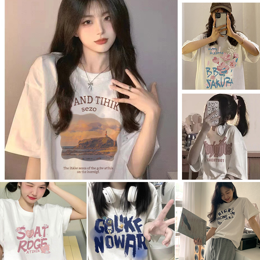 M-XXL🍒น่ารัก สุด🍒 เสื้อยืดพิมพ์ลายตัวหนังสือ คอกลมแขนสั้น เสื้อผ้าแฟชั่นผู้หญิง ลายเกาหลี oversize T-shirt ผ้านิ่มมาก
