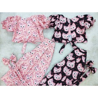 เสื้อแขนตุ๊กตา+กางเกงขาบาน+โบว์คาดผม ชุด2ชิ้น