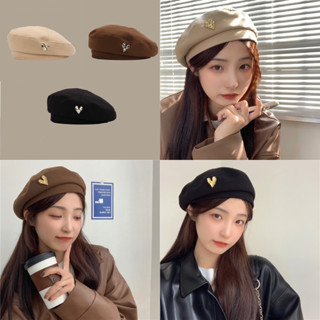 (PM) หมวกเบเร่ต์ Beret ผ้าสังเคราะห์นุ่ม เข็มกลัดหัวใจ❤️