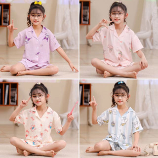 เสื้อผ้าสาวๆ ชุดนอนเด็กผู้หญิง ลายการ์ตูนยอดฮิต แขนสั้น + ขาสั้น ผ้าฝ้ายฟอง 90-155cm