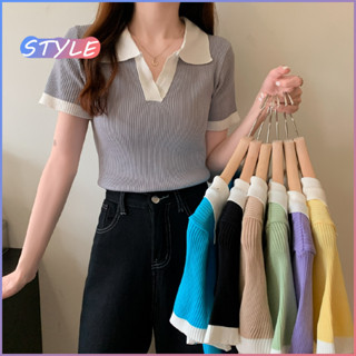 STYLE 81011&amp; เสื้อครอปคอปกตัดสีกับสีเสื้อแขนสั้นดูดีสไตล์เกาหลี