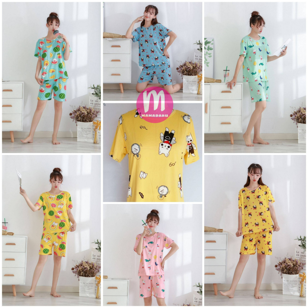 ชุดนอน ชุดนอนแขนสั้น + ขาสั้น ผ้ายืด ชุดนอนผู้หญิง กว่า 10 ลาย ใส่สบาย ชุดนอนผ้ายืด (WO9)