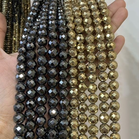 เฮมาไทต์ ไพไรต์ Hematite,Pyrite เจียเหลี่ยม 4, 8,10 มิล เส้นยาว