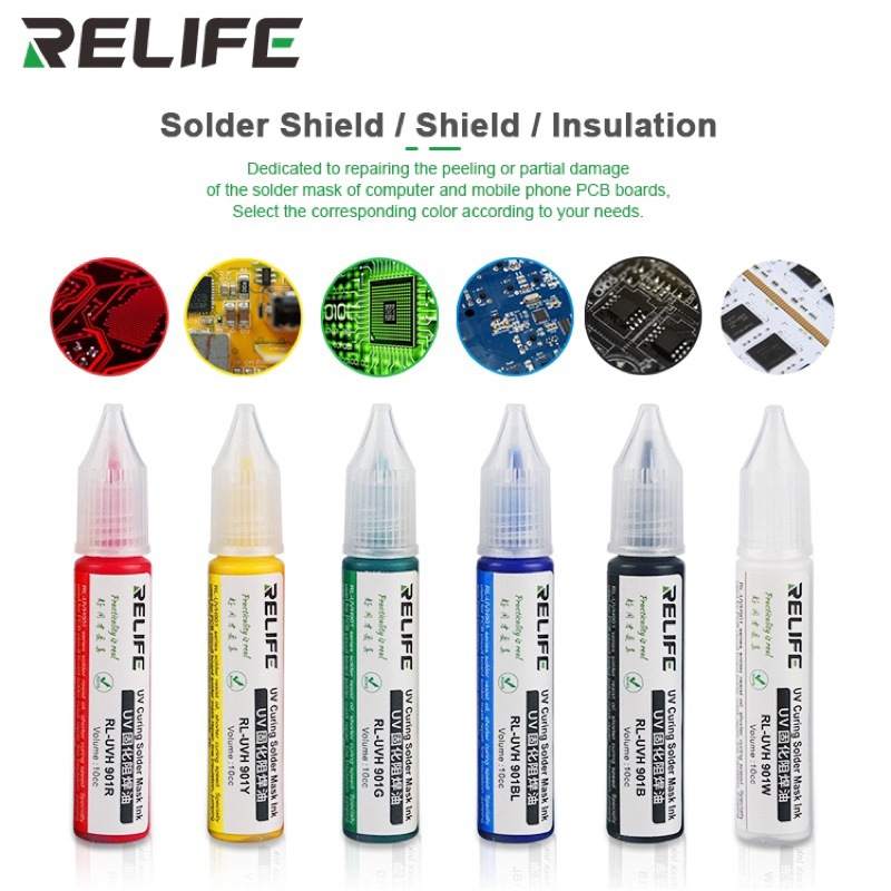 RELIFE กาว UV สีเขียวกาว Curable Solder Mask 10CC สำหรับ PCB BGA Circuit Board ป้องกันวางบัดกรีสีเขียว Flux R B BL G Y W
