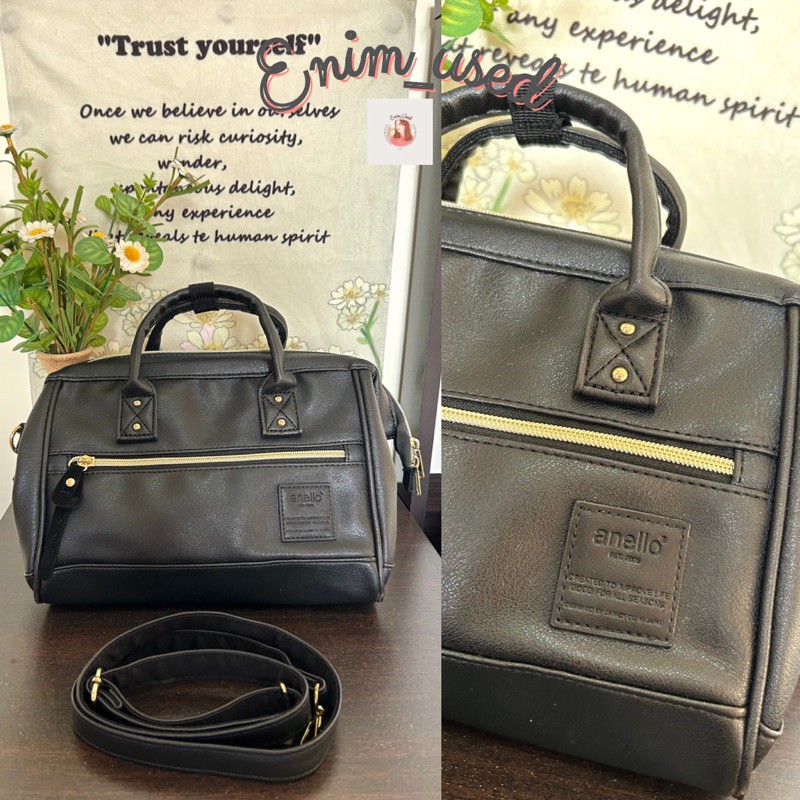 💗Enim_used🤎มือ2 Anello PU mini boston shoulder bag สีดำ แท้จากช้อป💯 กระเป๋าสะพายข้างสีดำ กระเป๋าหนัง