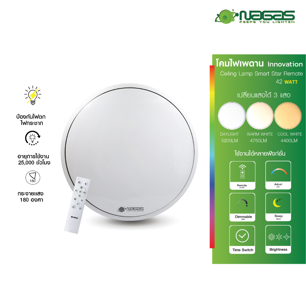 Nagas ไฟเพดานรีโมท LED รุ่น Smart Star Remote 42 Watt เปลี่ยนได้ 3 แสง ควบคุมโดยรีโมท ตั้งเวลาปิดอัตโนมัติได้