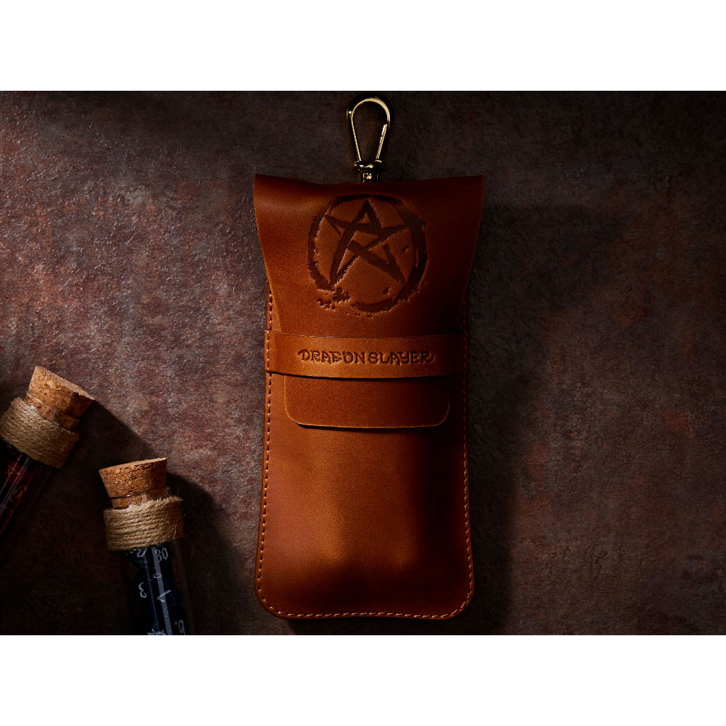 Evening Star RPG Double Potion Bag | Large Dice Bag | Tan Leather Bag With Dice Potion Flask Set | D