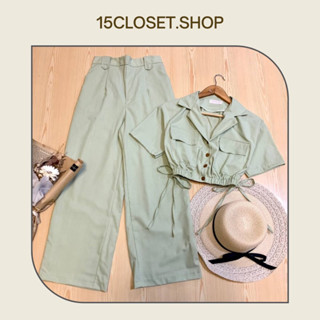 ชุดเซตเสื้อครอปคอปกแขนสั้น งานจั้มเอว ผูกโบว์ด้านข้าง+กางเกงขายาว