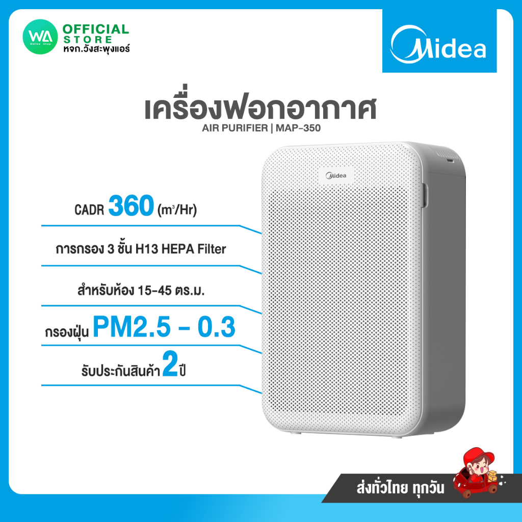 เครื่องฟอกอากาศ 15-45 ตร.ม. MIDEA ไมเดีย รุ่น MAP-350 ค่า CADR 360 ลูกบาศก์เมตร/ชั่วโมง (Air Purifie