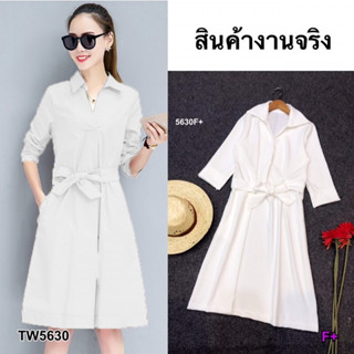 Dress เดรสคอปกแขนยาวแต่งจีบกลางตัว TT5630