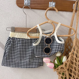 Babyonline(Y013)D1 (ส่งด่วน1วัน)ชุดเช็ตแฟชั่นเด็กผู้หญิงเสื้อสายเดี่ยวกระโปรงเอวสม็อคสั้นลายสก็อต ผ้าฝ้าย นิ่ม ใส่สบาย
