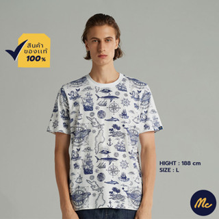 Mc JEANS เสื้อยืด แขนสั้น ผู้ชาย เสื้อยืด แม็ค แท้ MC RESORT คอกลม สีขาว พิมพ์ลายสีกรมท่า ผ้านุ่ม ระบายอากาศได้ดี MTSZ812