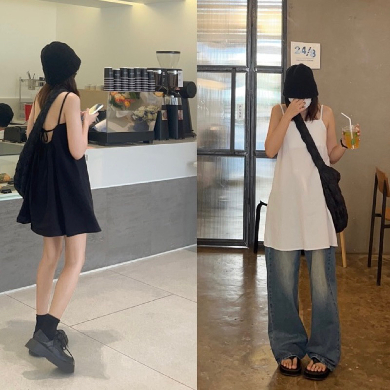 ( ผูกใจ ) มินิเดรสสายเดี่ยวผูกหลังผูกใจ ( ผ้าฝ้ายธรรมชาติ )