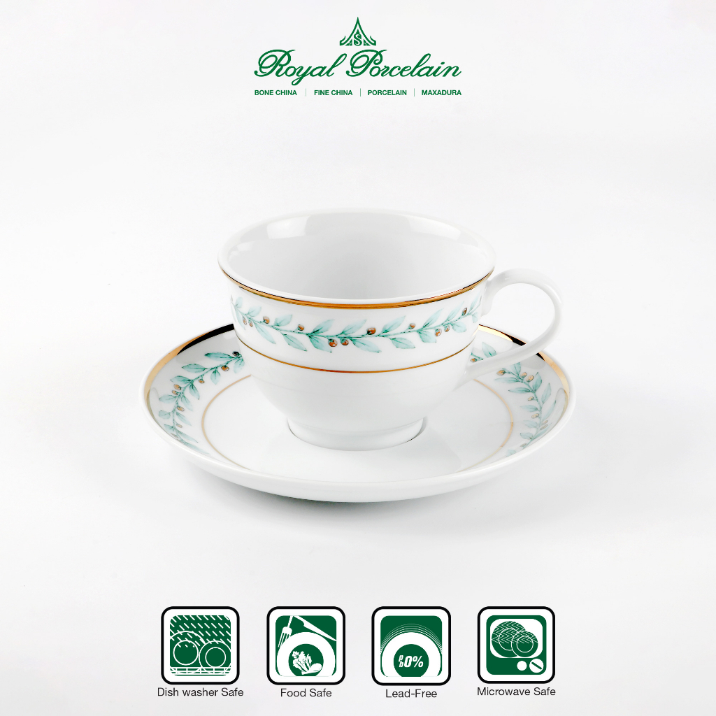 ชุดกาแฟ 1 ที่ ลวดลาย ฺBLUE OLIVES แก้วจุ 0.25 ลิตร พร้อมจานรอง 15.5 ซม. เนื้อพอร์ซเลน (Porcelain) แบรนด์รอยัล ปอร์ซเลน