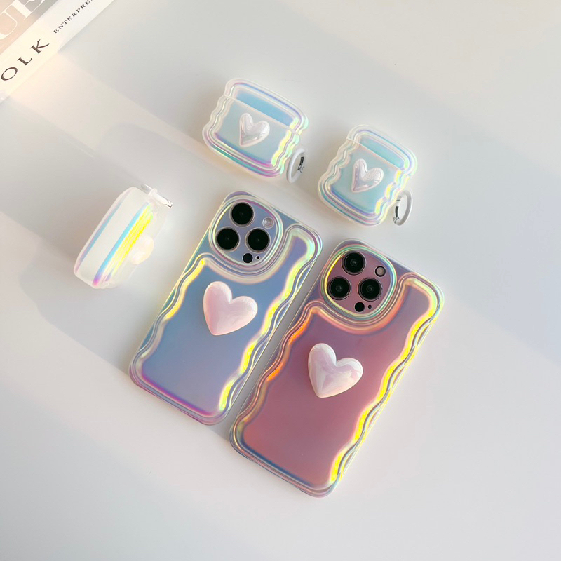 พร้อมส่งในไทย🦄 T9S41&amp;A4 Set case โฮโลแกรมด้านหัวใจนูน heart hologram สำหรับ iPhone+Airpods เคสเล่นแสง 11-14Pro,14Promax