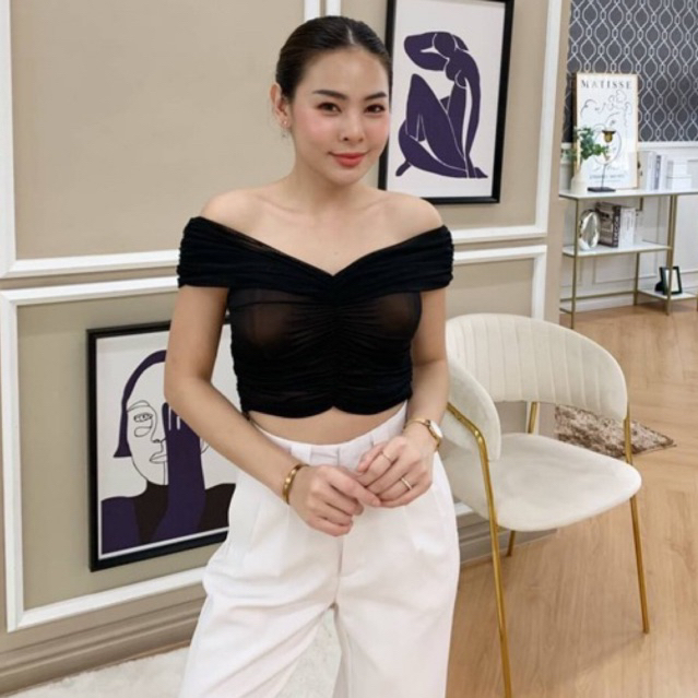🔥🔥 crop top เสื้อครอปปาดไหล่ เสริมฟองน้ำ‼️