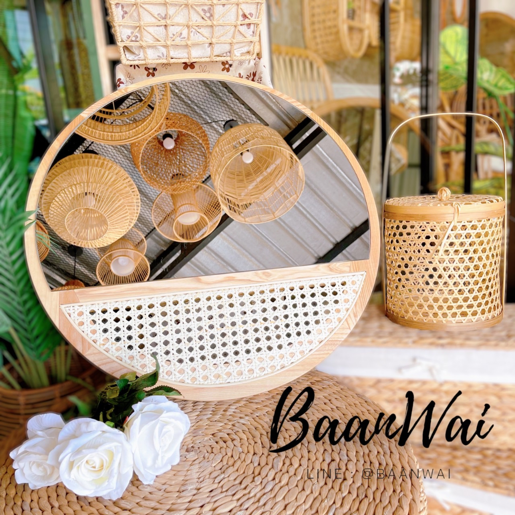 บ้านหวาย-กระจกกรอบไม้ สานแผ่นหวาย  กระจกตกแต่งห้อง