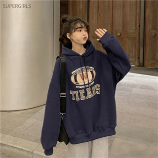 SUPERGIRLS ผู้หญิง Hoodie Plush Casual Fit Letter พิมพ์ไหล่ผู้หญิง สำหรับฤดูใบไม้ร่วง Winter