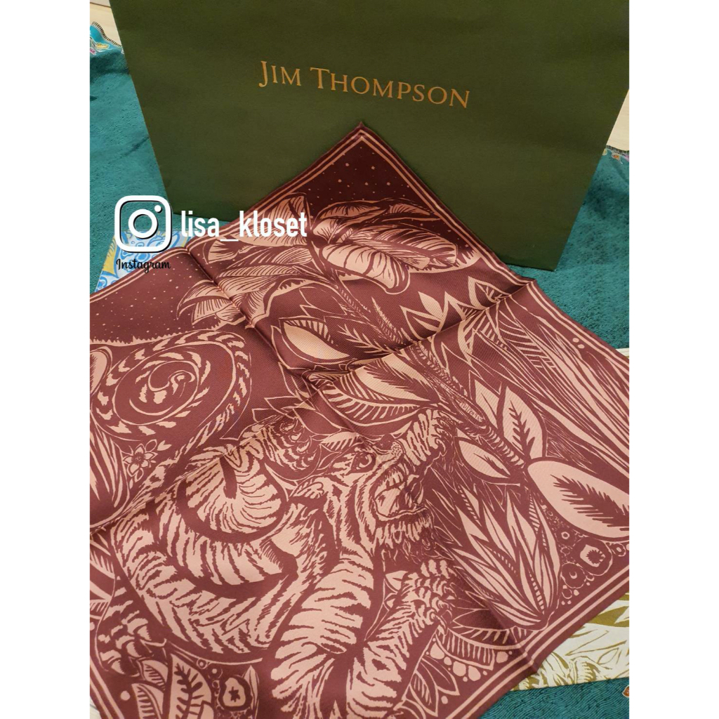Jim Thompson Silk Scarf จิม ทอมป์สัน 100% SILK ผ้าพันคอไหมผืนเล็ก ขนาด 17" x 17"