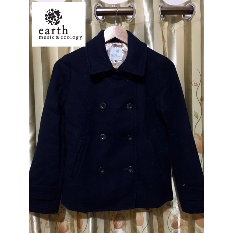 📌EARTH Music&Ecology navy blue wool blend pea coat size s เสื้อโค้ท ทรงสั้น สีกรมเข้ม แบรนด์เอิร์ธ  