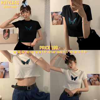 KSTYLE4U เสื้อครอปแขนสั้นคอกลม#684 สกรีนลายผีเสื้อ เสื้อผ้า เสื้อยืด เสื้อแขนสั้นแ
