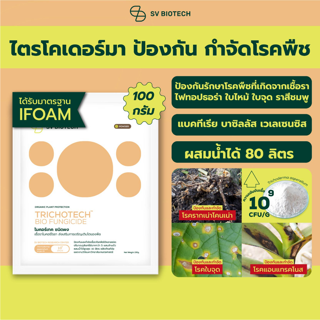 เอสวี ไตรโคเดอร์มา100g งานวิจัยต่อยอดม.เกษตร มาตรฐาน IFOAM กำจัดโรคใบจุด รากเน่าโคนเน่าใบไหม้ เน่าคอ